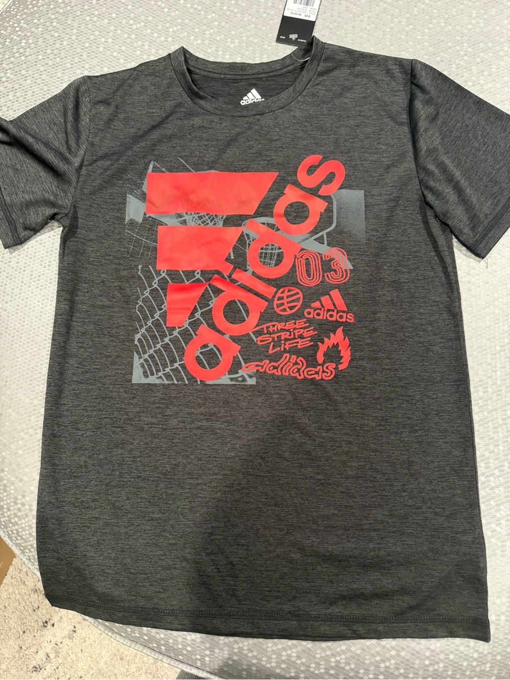 adidas youth Charcoal Gray Short-Sleeve Tee with Red Graphic Logo